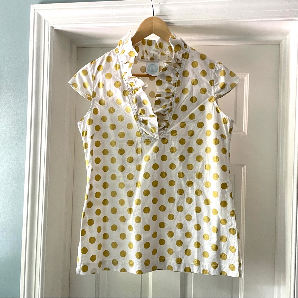 Devon Baer Scallop Ruffle Cap Sleeve Blouse Tank Polka Dot Gold Size S